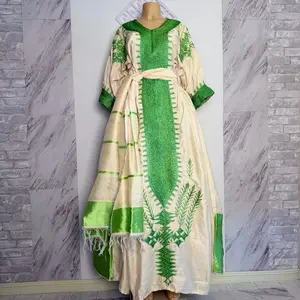 Ethiopian Traditional Gojamm Dress for Women with Green Embroidery and Cream Base - Womenswear