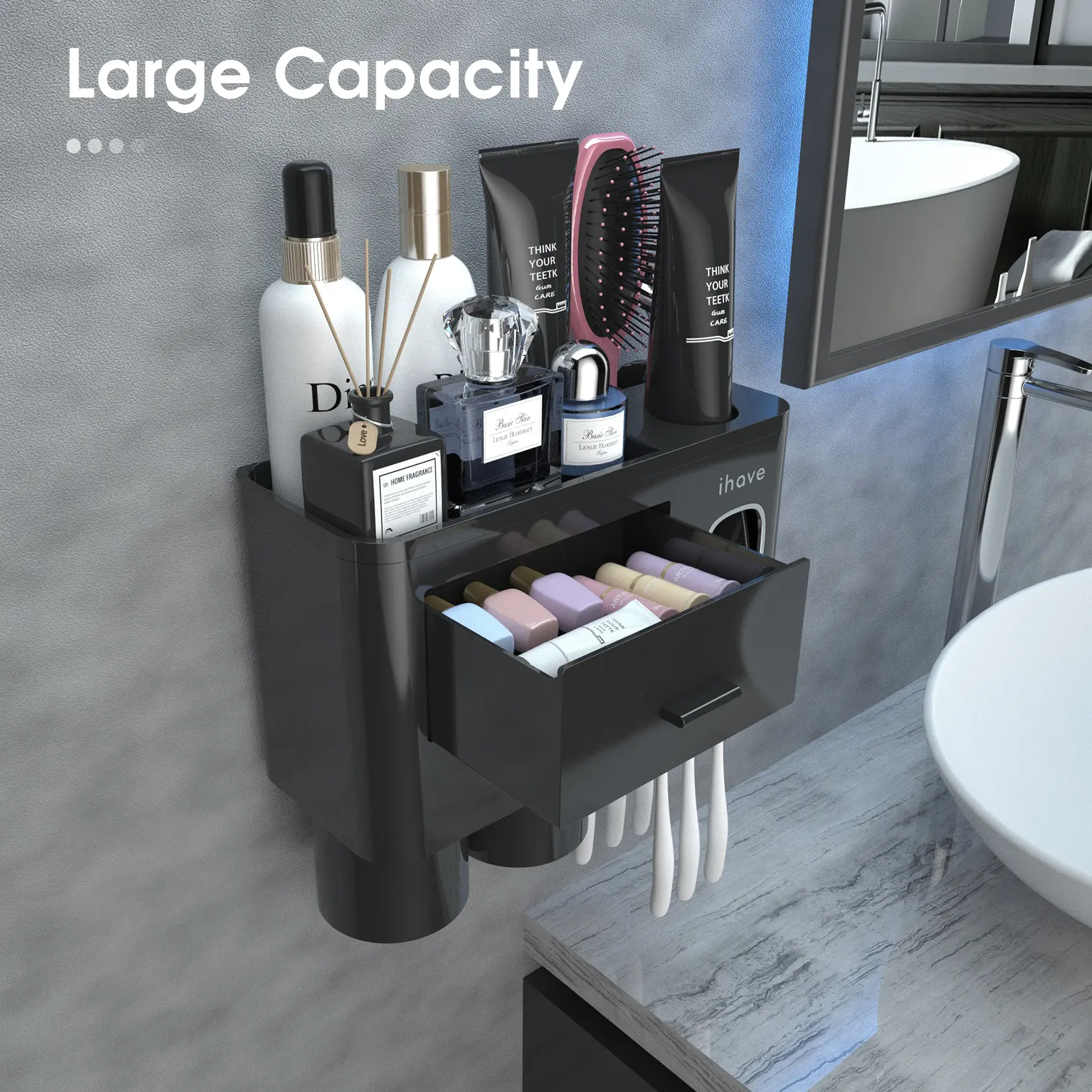 iHave Modern Wall-Mount Toothbrush Holder Set - Adhesive Wall-Mounted, Magnetic Cups, Automatic Toothpaste Dispenser, Large-Capacity Storage Tray, Cosmetic Drawer, Dust-Proof Family Organizer, Easy to Install, Modern Toothbrush Holders, Wall-Mount Toothbr