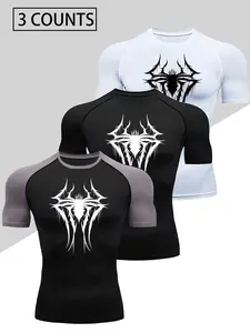 Men'S Fitted Short Sleeve Elite Sports Compression Shirt Gym Workout Tee Athletic Compression Shirts - Spider print design, High Elasticity, Breathable Polyester And Spandex Blend, Round Neck, Opaque - Ideal for Muscle Group, Machine Washable