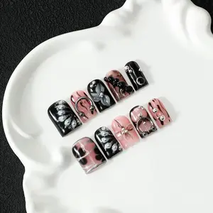 10Pcs 100% Handmade Gothic Press On Nails, Black Pink Punk Acrylic Fake Nails with 3D Metal Ring & Grunge Print, Removable Reusable Nail Tips, No Damage, with Tool Kit, Perfect Gift for Alt & Edgy Women for Rave & Night Out