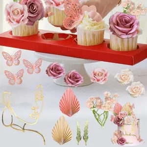 26 Pack Boho Cake Topper Decorations Acrylic Minimalist Art Lady Gold Face Vintage Artificial Rose Flower Wedding Cake Toppers for Wedding Bridal Shower
