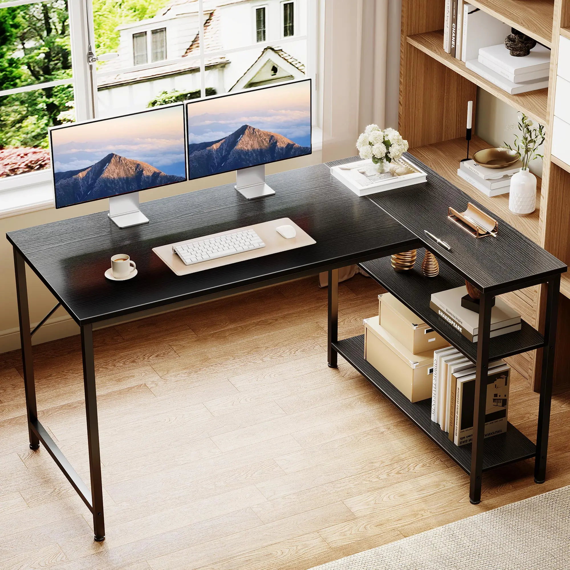 L-Shaped Corner Computer Desk with Reversible Storage Shelves, Space-Saving Home Office Workstation