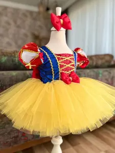 Baby Girl's Colorblock Bow Decor Contrast Mesh Fit & Flare Dress, Princess Seraphina Dress, Cute Puff Sleeve Square Neck Dress for Party Baby Shower, Infant Toddler Kids Summer Clothes