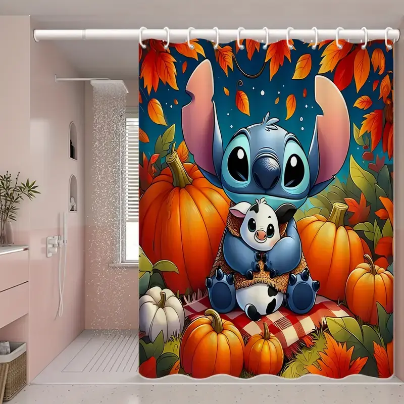 Disney Classic Stitch Autumn Pumpkin Shower Curtain - Disney Stitch Cartoon Themed Bathroom Accessory, Artistic Shower Curtains for Bathroom Decor