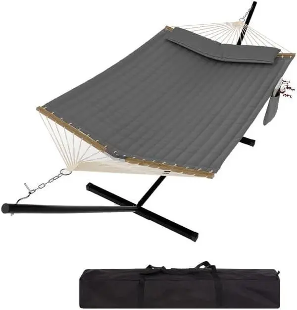 Gaomon 2-Person Adjustable Fabric Hammock - Sturdy Heavy Duty 78.7x55.1" Poly-Cotton Outdoor Seating, Tool-Free Stand, Foldable Portable Design, Carrying Bag, Soft Pillow, Balance Ropes, Breathable for Patio, Beaches