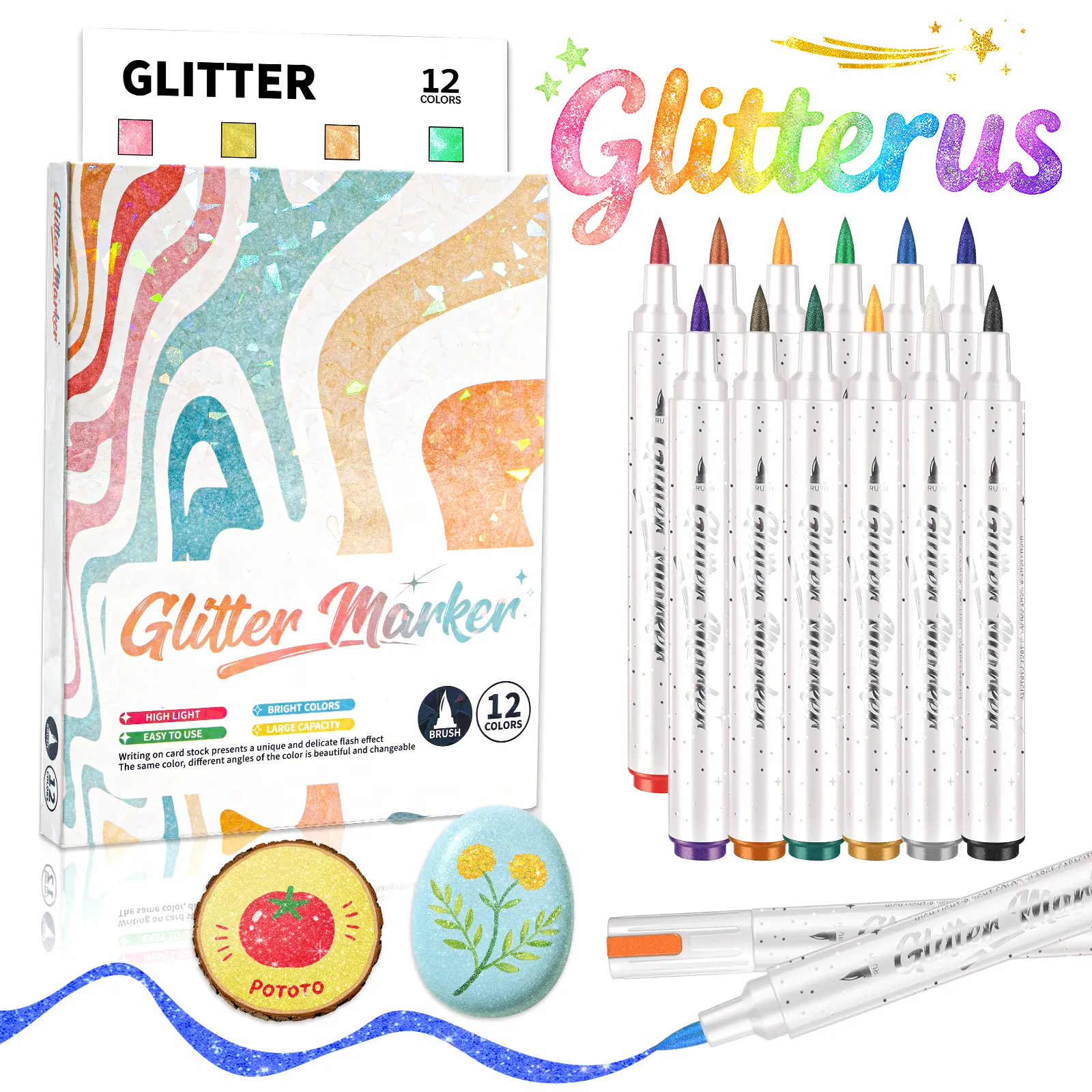 Glitterus Jumbo Pack Bright Glitter Markers & Daubers (12 Packs) - 1mm-8mm Adjustable Nibs, 3x Extra Large Ink Capacity Fiber Brush Tip, Unisex Adults School Supplies, Office Stationery Art Tools