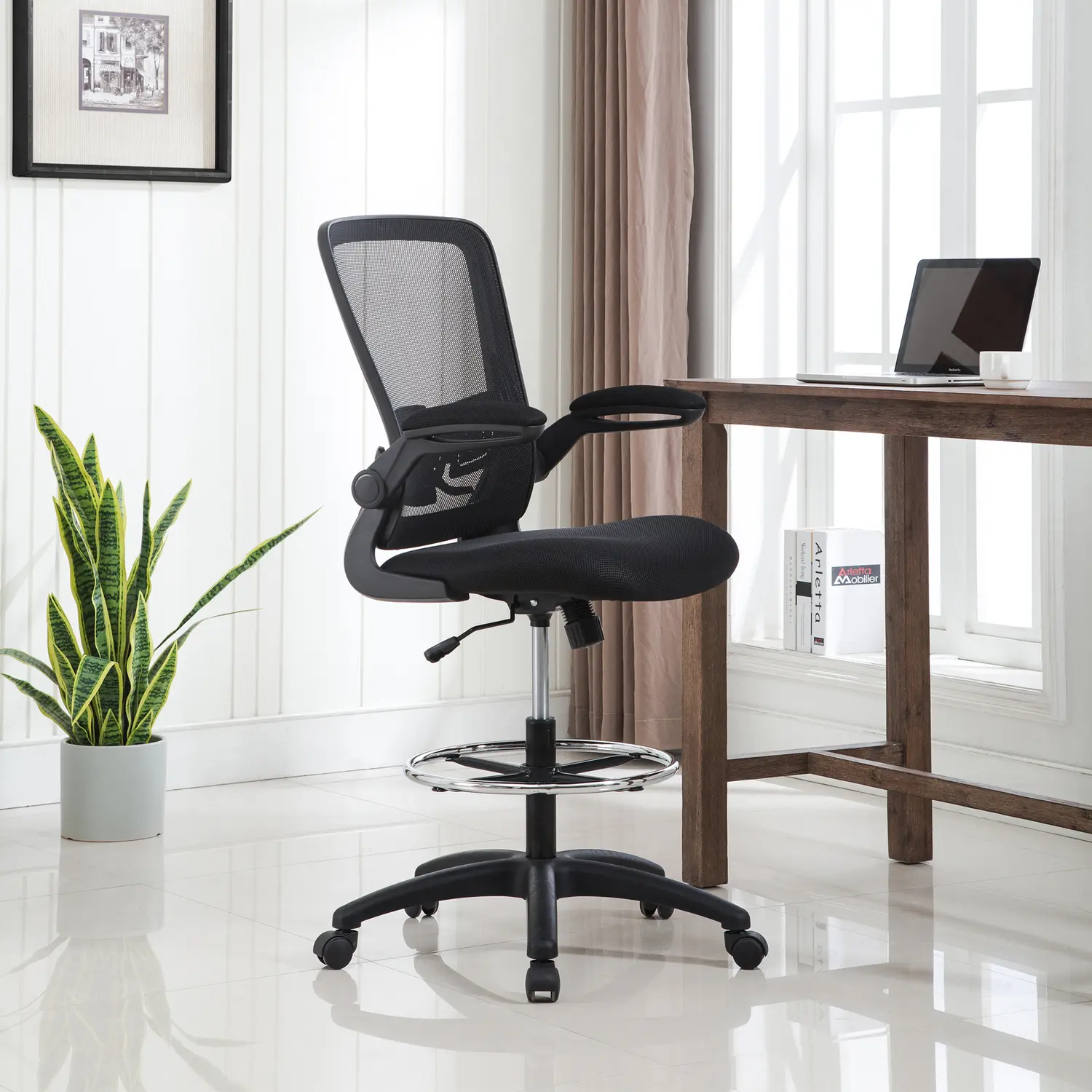 Ergonomic Mesh Drafting Chair – Adjustable Height, Breathable Mesh, Lumbar Support, and Flip-Up Armrests