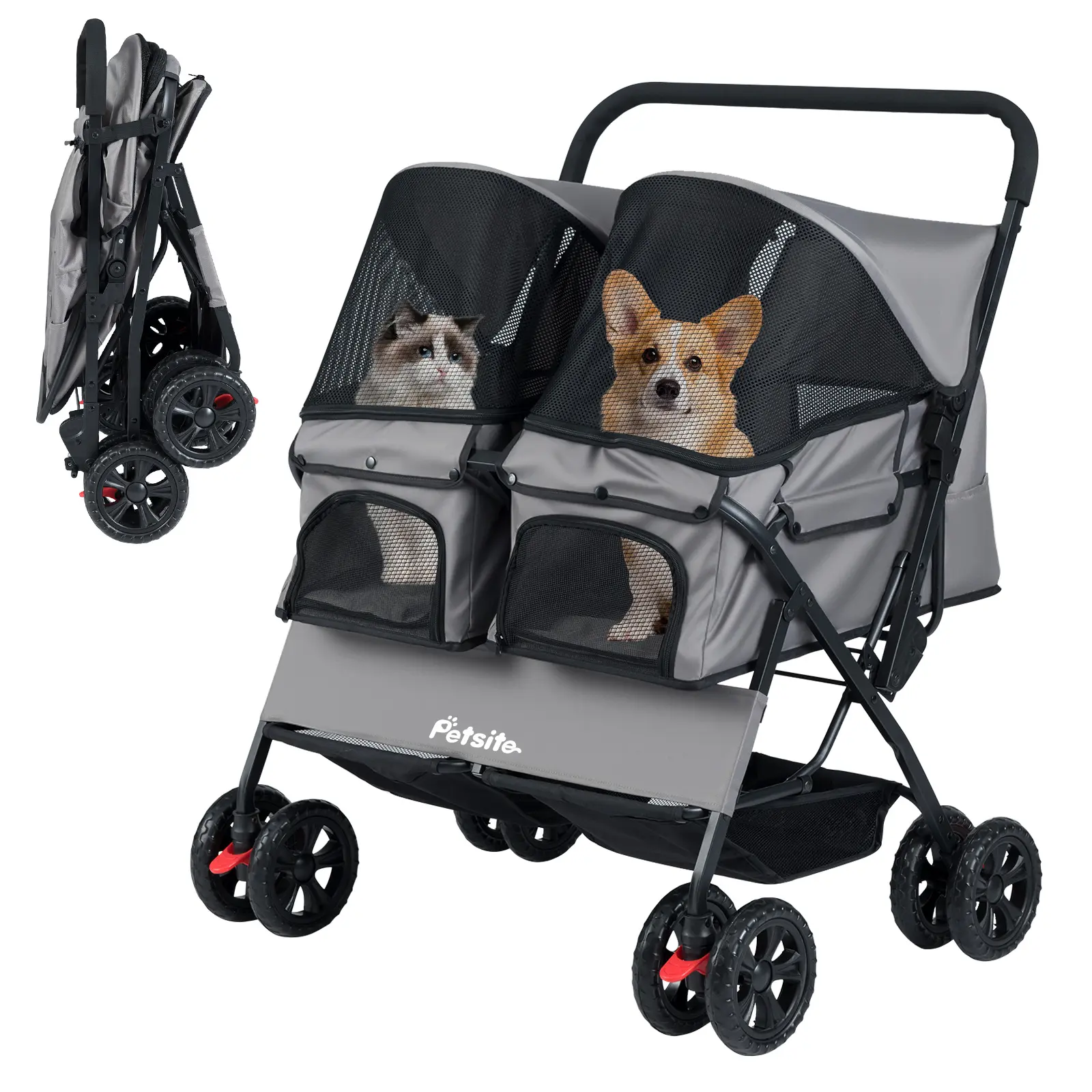 COSTWAY - Foldable Double Pet Stroller with Adjustable Sunshade and Storage Basket-Gray