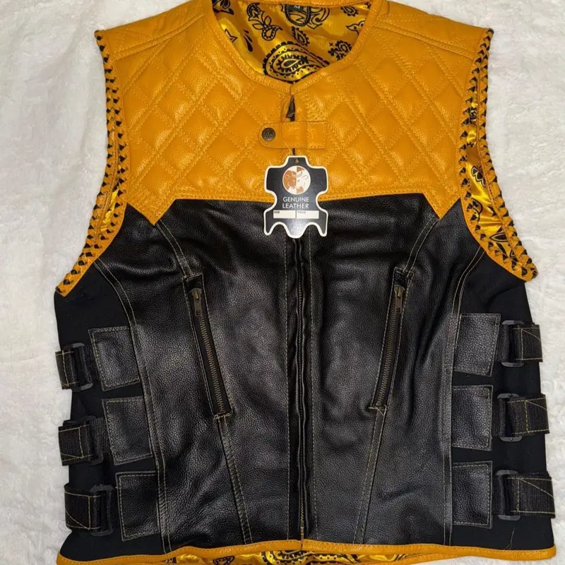 Faux Leather Jacket with Black and Yellow Design, Front Zipper Closure, and Decorative Trim, Suitable for Men's Wear - Menswear fabletics men Sleeveless