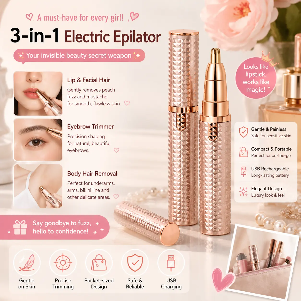 Painless Electric Facial Trimmer, USB Rechargeable Hair Removal Device for Women, Portable Shaver for Face, Lips, Chin & Bikini Area, White, Batteries, Hair Removal Devices, Peach Fuzz Hair Removal Devices