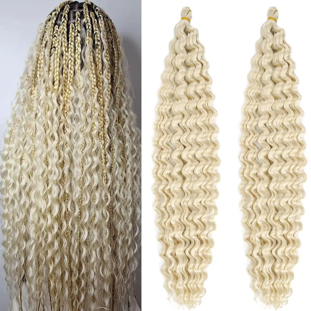 Blonde Curly Braiding Hair Pre Stretched Deep Ocean Wave Crochet Hair Boho Braids 24 Inch 2 Packs Synthetic Havana Curls Wavy Braiding Hair 613 Bohemian Crochet Braids Hair Extensions