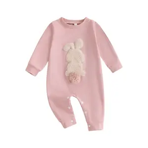 Baby Toddler Girl Easter Rompers 3 6 12 18 Months Plush Bunny Embroidery Fur Ball Design Crew Neck Long Sleeve Spring Infant Jumpsuit