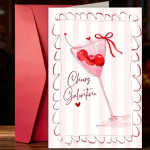 1pc Funny Card Cheers Galentine's Day Card Suitable for Galentine's Day, Wedding,Bachelorette - Self-Sealing Martini Glass Greeting Card with Cherries & Hearts for Night Out, Invitations