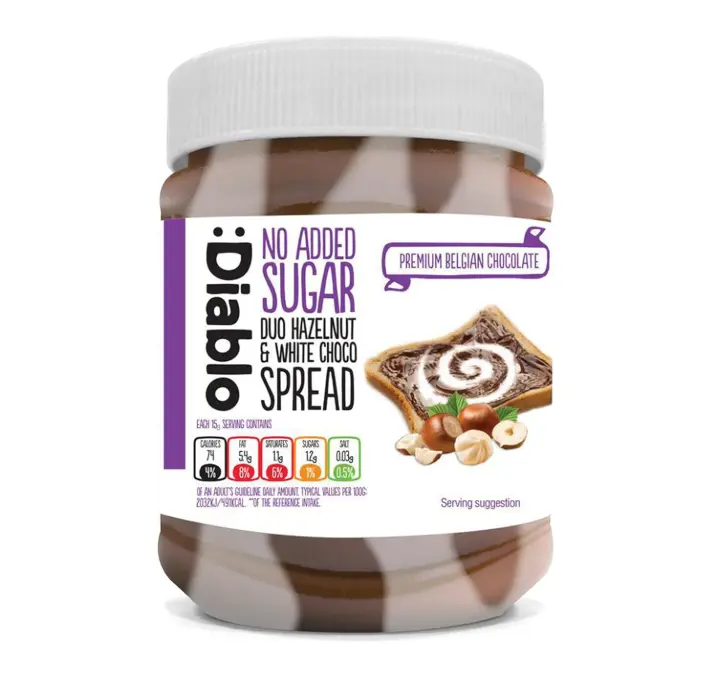 Diablo No Added Sugar Duo Hazelnut & White Chocolate Spread – Belgian Chocolate with Toasted Hazelnuts, Gluten-Free, Sweetened with Maltitol, Ideal for Toast, Waffles, Breakfast – 350g Pack of 1