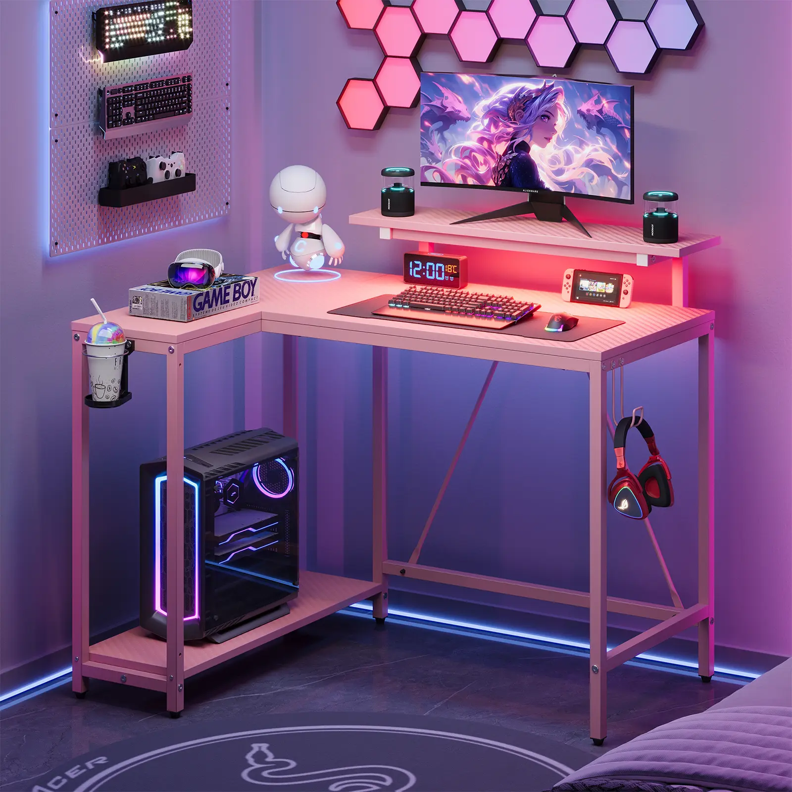 Pinmoco 42" Reversible L-Shaped Pink Gaming Desk, Desks for Gaming with Ergonomic Monitor Stand, RGB Lighting, Headset Hooks, Storage, Adjustable Height for Home Office, L Shaped Desks, Computer Laptop Desk