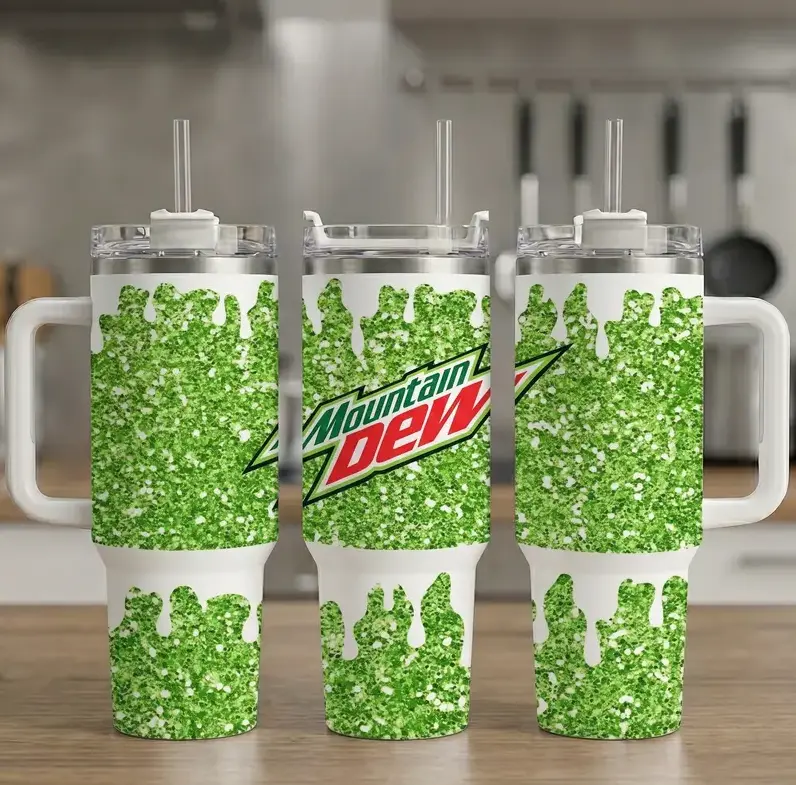 [Gift Box & Straw] Mountain Soda Inspired Green Glitter 40oz Tumbler With Handle, Sparkly Drip Stainless Steel Insulated Travel Mug, Retro Green Beverage Graphic Cup, Reusable Drinkware Gift For Soda Lovers