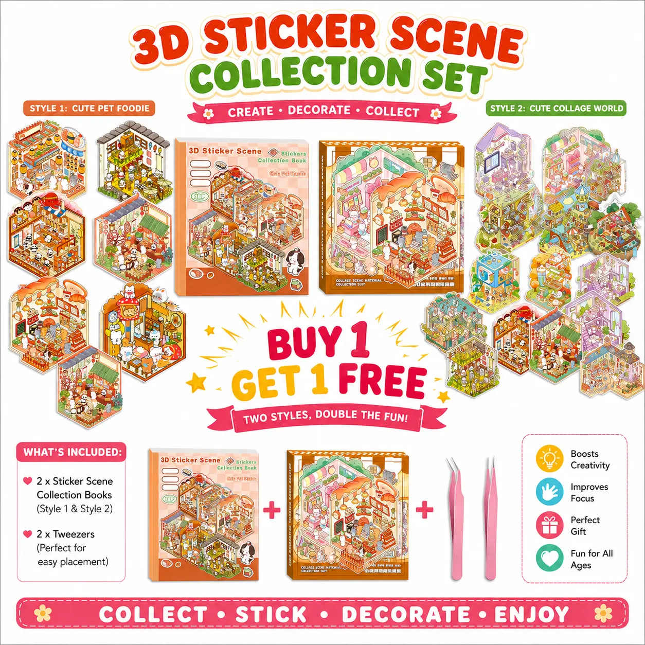 Summer Spring Gift New Year 2026 Gift DIY 3D Sticker Scenes 20 Sets of Stickers for Girls Make Your Own Mini Shop House Scene Stickers for Kids Cute Fun Cartoon Animal Sticker Therapy for Adult Relief Stress Pass The Time (A Sets Boxed)