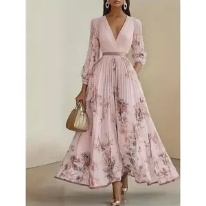 Elegant Olive Green V-Neck A-Line Formal Maxi Dress with Floral Lace Appliqu??, Ruffled Bodice & Slit Hem -  Women's , Party & Evening Gown, Wedding Dresses,Vneck Design, Pleated Skirt Style, Bridesmaid Gown Womenswear Workwear Long Sleeve Pink Color