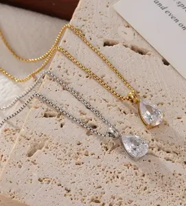 Gold Water Drop shaped diamond-Stainless, Waterproof Necklace