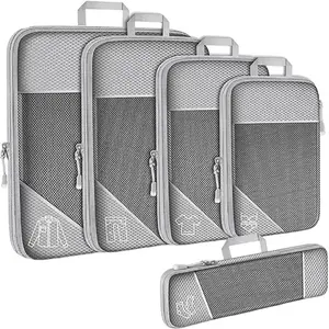 white Compression Packing Cubes 5 Pack Luggage Packing Organization Cubes See Through Mesh Packing Cubes with Double Zipper Handle for Travel Suitcase Luggage