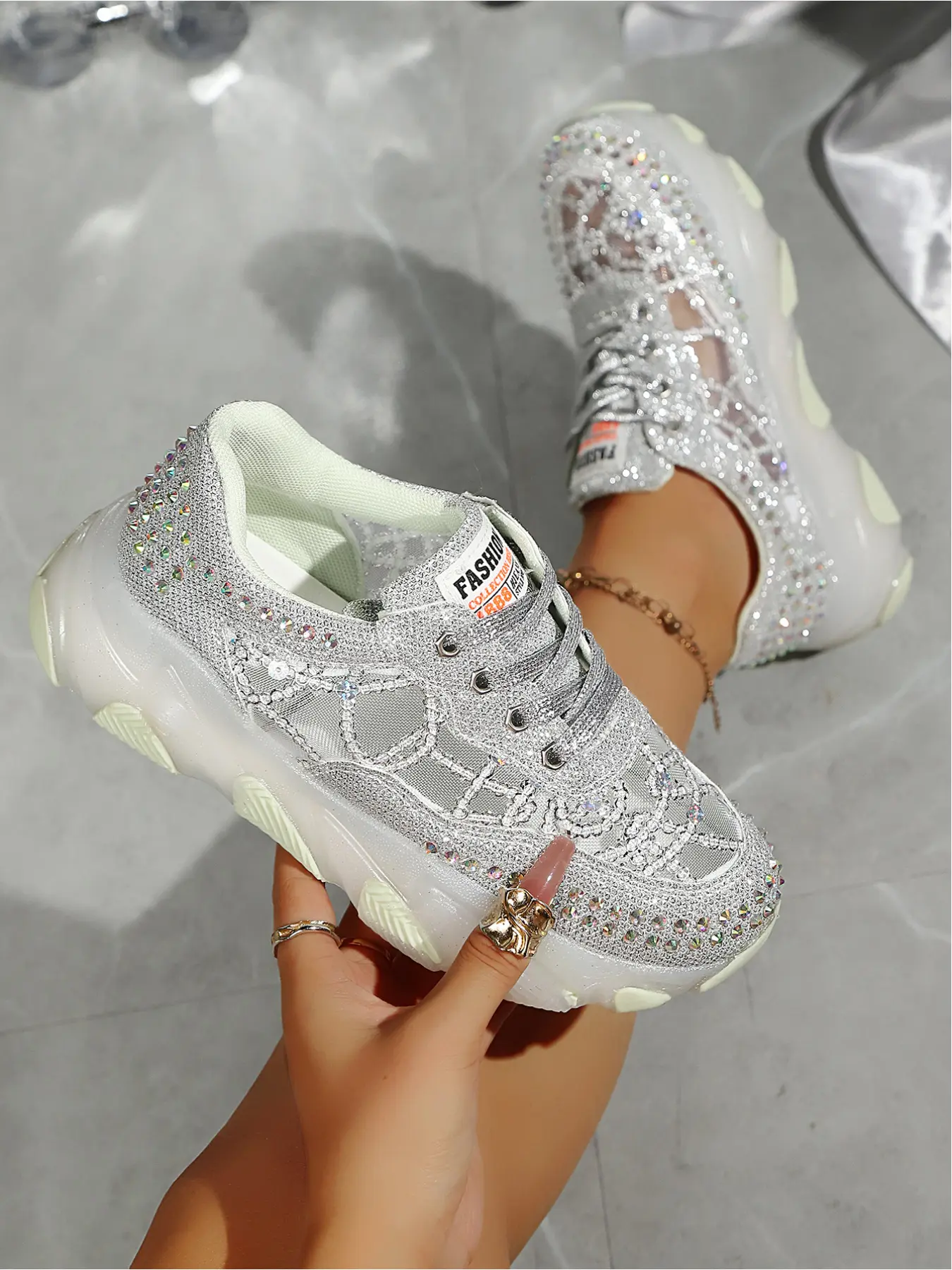 Women's Rhinestone Mesh Platform Sneakers, Glitter Sequin Chunky Dad ShoesWomen's Rhinestone Mesh Platform Sneakers, Glitter Sequin Chunky Shoes