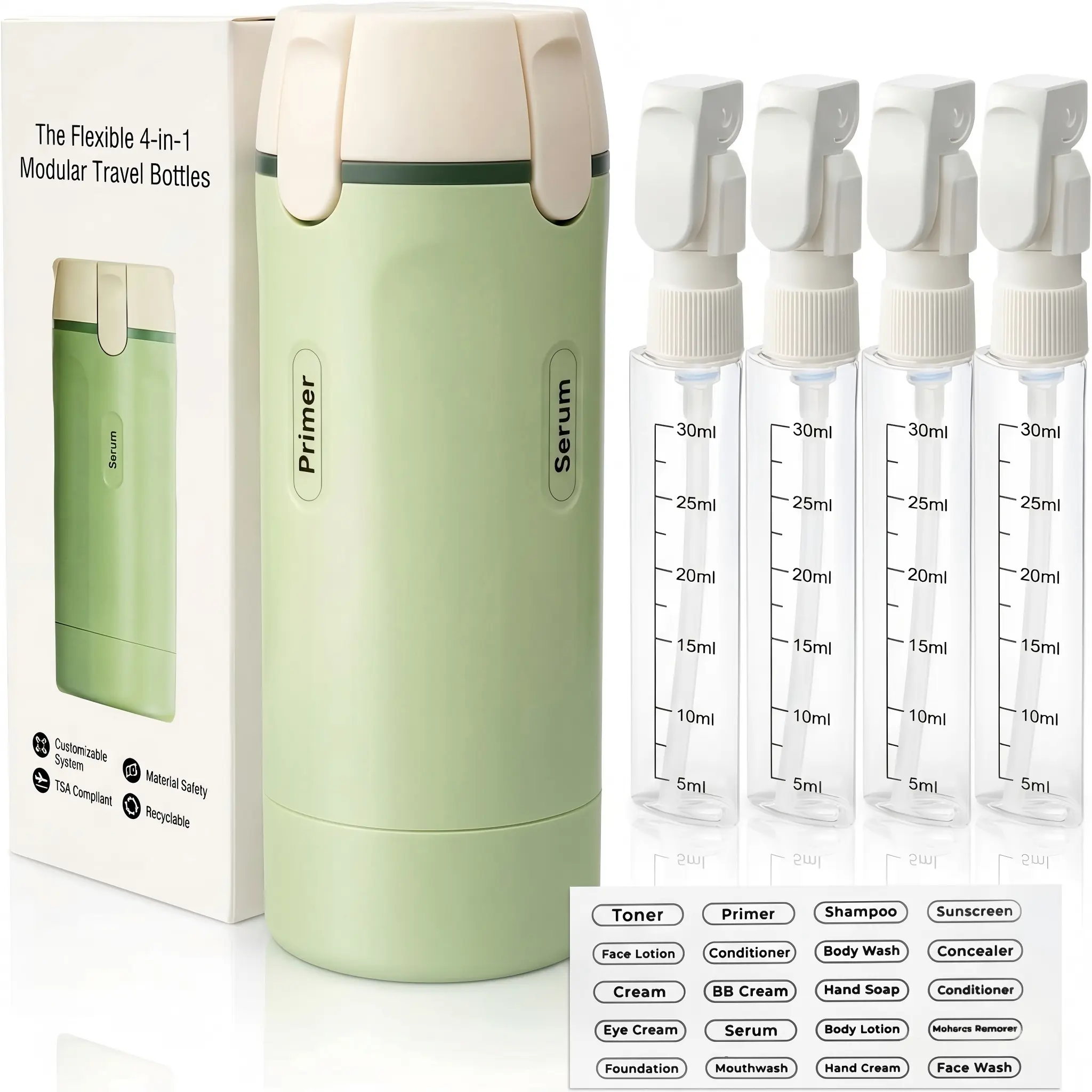 4 in 1 Travel Dispenser Bottle, Leakproof Refillable Travel Size Pump Containers for Toiletries – TSA Approved Carry-On Essentials for Shampoo, Lotion, Conditioner, Cosmetics (4 Pack, 120ML)