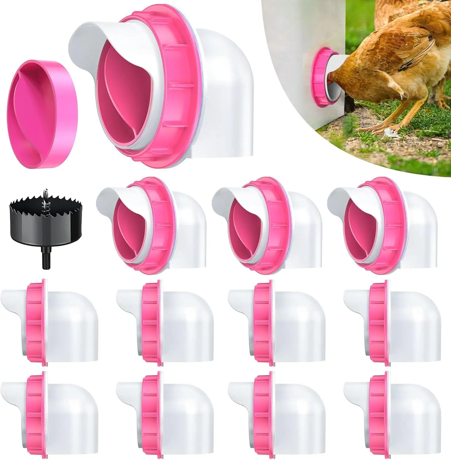 12 Pack Chicken Feeders No Waste with 12 Lids 1 Drill Bit, DIY Automatic Poultry Feeder Cups Kit, Chicken Bucket Feeder for Barrels (Pink)