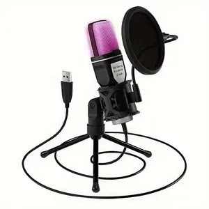 Portable USB Microphone with Tripod, RGB Lighting Gaming Microphone, Condenser Microphone for PC & Laptop, Professional Audio & Video Product