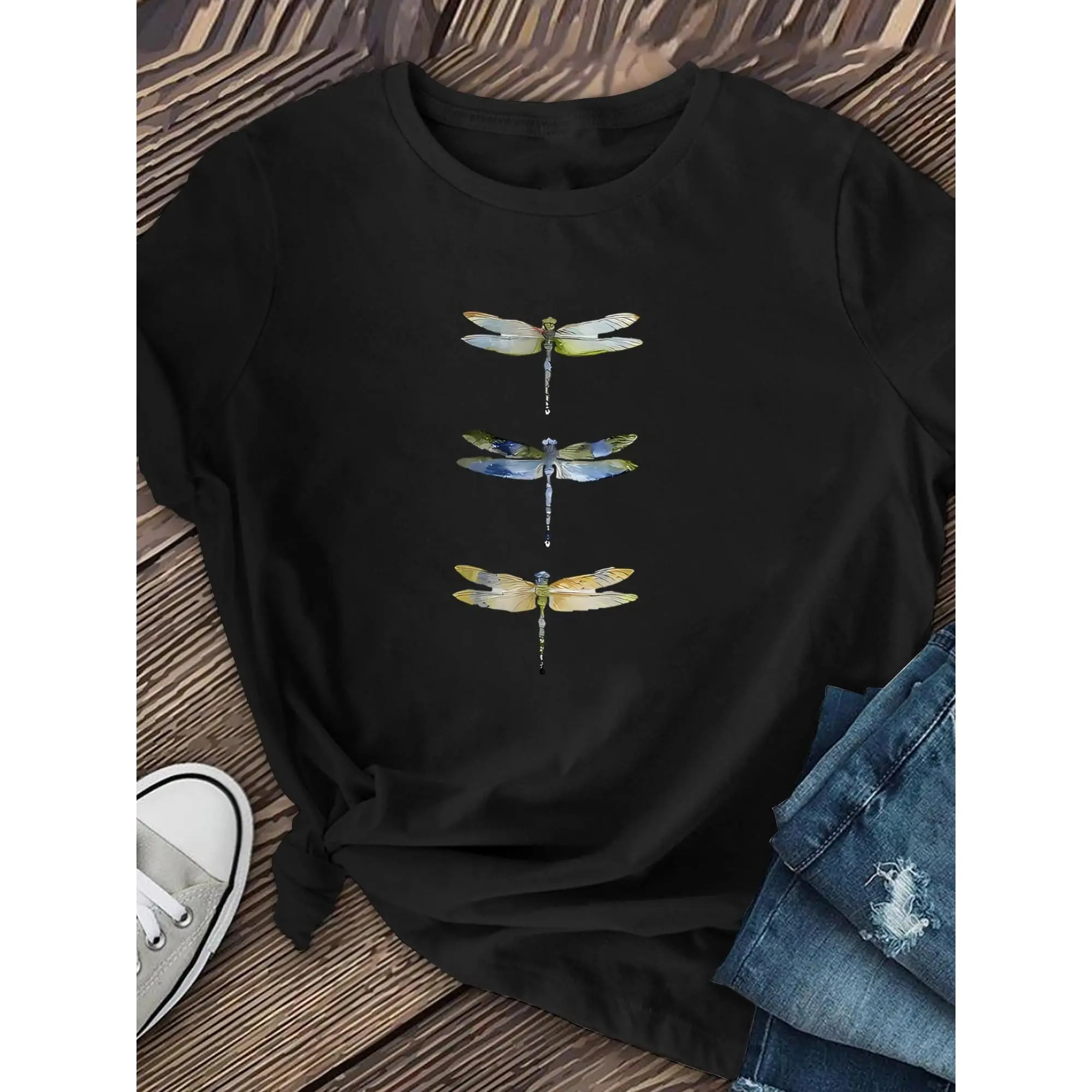 For Youself- Woman's Dragonfly Pattern T-Shirt, Multi-Color Round-Neck Animal Print Shirt, Unique Design Style, Basic Daily Women's Wear
