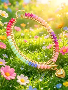 Dopamine Colorful Beaded Necklace Ethnic-Style Collarbone Chain Boho Style Beaded with Stackable Heart Pendant for Stylish Looks and Versatile Jewelry