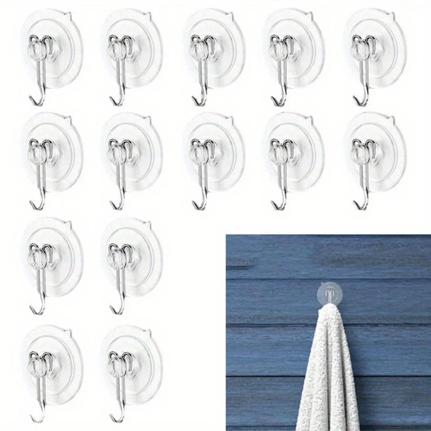 14Pcs Suction Cup Hooks, Reusable Clear PVC Suction Cups With Metal Storage Rack ,Removable Towel Hook For Bathroom Shower Wall, Kitchen Walls, Window,Glass Door - Home Improvement.