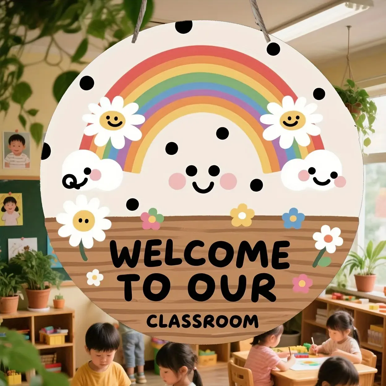 Vintage Wooden Classroom Welcome Sign, Rainbow Clouds Floral Smile Face Wall Decor, Kindergarten Back-To-School Gift, Indoor Outdoor Use