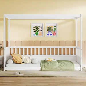 Dreamzon Twin Size Canopy Bed Frame with Guardrails for Kids,Floor Bed Twin with Four Poster Design,Kids Montessori Floor Bed,Wood Canopy Bed Frame for Girls,Boys(Twin,White)