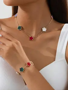 Flower Design Necklace & Chain Design Bracelet, Fashion Jewelry for Party, Daily Clothing Decor, Trendy All-match & Exquisite Jewelry for Birthday Gift, Trendy Jewelry Set, Elegant Jewelry Set, Cute Jewelry