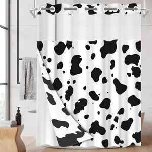 1pc hookless shower curtain with buckle lining, black and white cow print design, 2D flat printing, fabric waterproof lining, see-through double-layer shower curtain, 71 x 74 inches, modern home draping curtain, Bathroom Curtain, Shower Curtain Liner