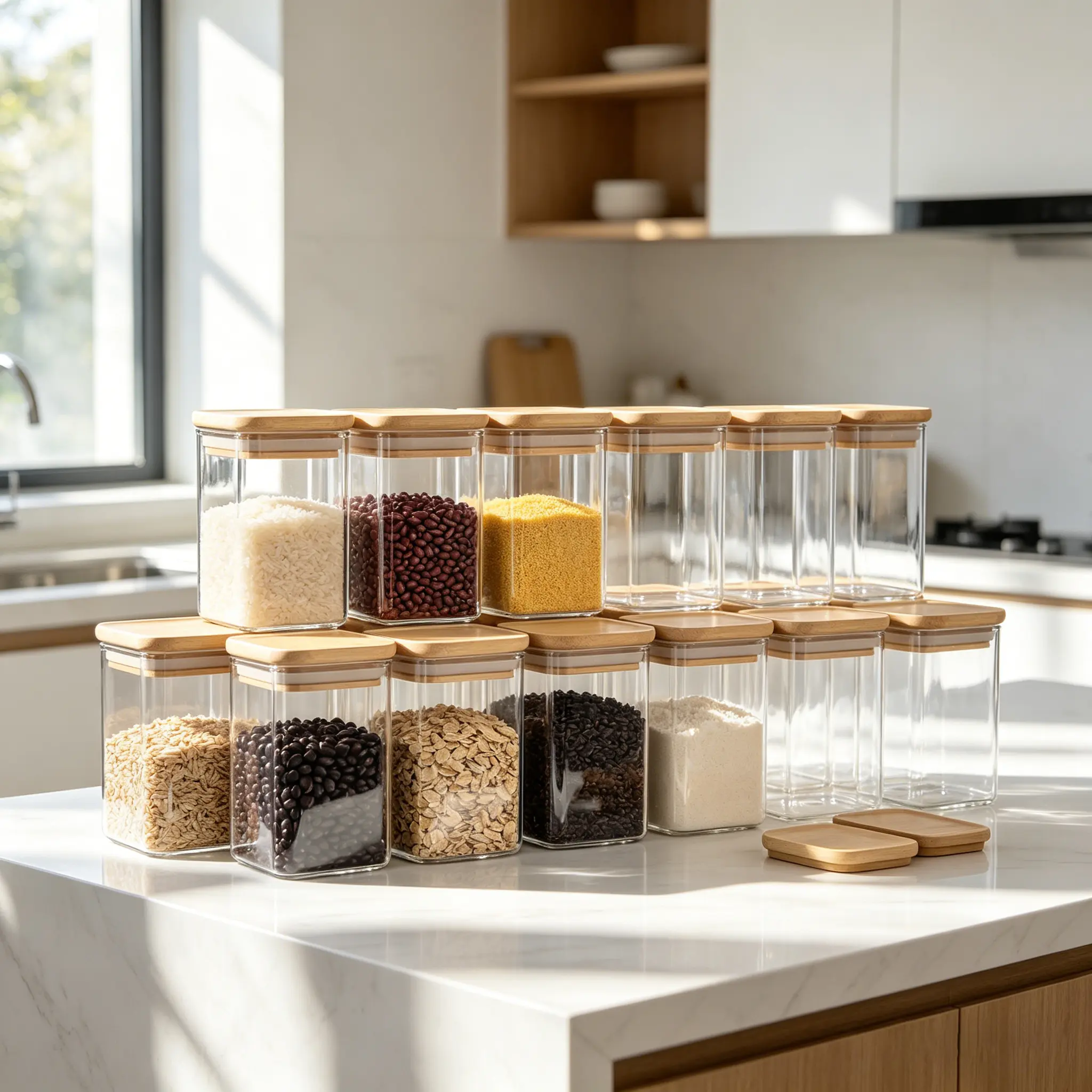 12/18/24 Pieces Glass Storage Containers With Lids, Kitchen Food Storage Jar, Pantry Organizers and Storage,Candy Jar,Transparent Square Glass Jar, 8oz each organiser