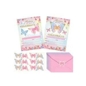 14pcs Butterfly Theme Birthday Party Invitations Set, Includes Envelopes, Girl Floral Butterfly Invitation Cards Stickers