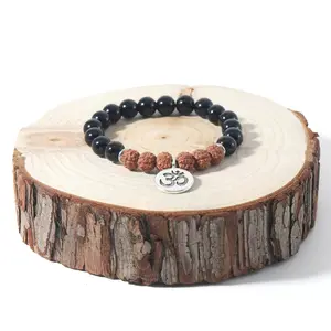 Elegant Rudraksha & Black Onyx Elastic Rope Bracelet with OM Pendant - Men's and Women's Fashion Energy Bangle