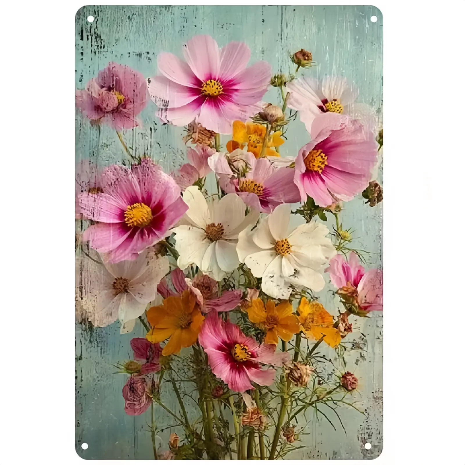 Vintage Distressed Iron Floral Tin Sign - Rectangular Weathered Mint Blue Wood Plaque, Pink White Yellow Cosmos Wildflower Decor, Shabby Chic Casual Rustic Wall Art for Farmhouse Kitchen, Collectible Tin Home Signs for Outdoors