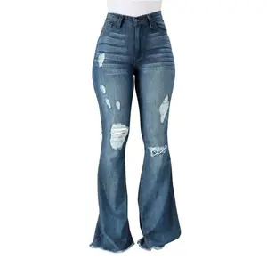 Madison Vogatiques High Rise Ripped Flared Jeans Bell Bottom Denim Pants Comfort Basic Distressed Raw Hem Tummy Control BBL