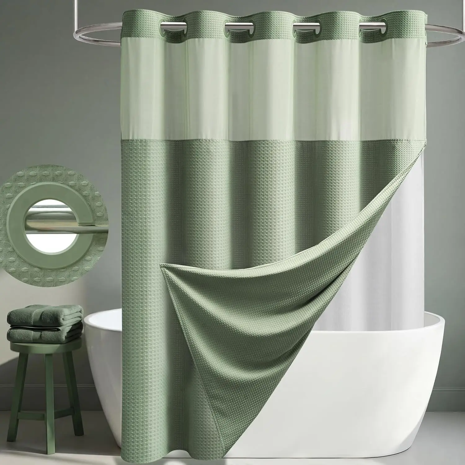 No Hook Washable Waffle Texture Shower Curtain Set, Heavy Duty Double Layer with Removable Fabric Water-Resistant Liner & Mesh Window, Modern Shower Accessory for Hotel, Salon, Dector, Household Items, bathroom curtains, cortinas para el baño