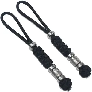 2 Pack Paracord Knife Lanyard with Stainless Steel Beads Paracord Lanyards for Knife EDC Tools Keychains (Black, 5.3 INCHES)