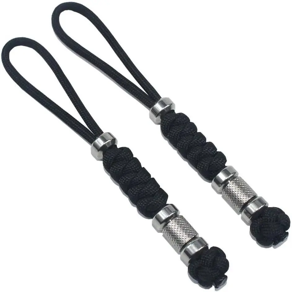 2 Pack Paracord Knife Lanyard with Stainless Steel Beads Paracord Lanyards for Knife EDC Tools Keychains (Black, 5.3 INCHES) Survival Camping