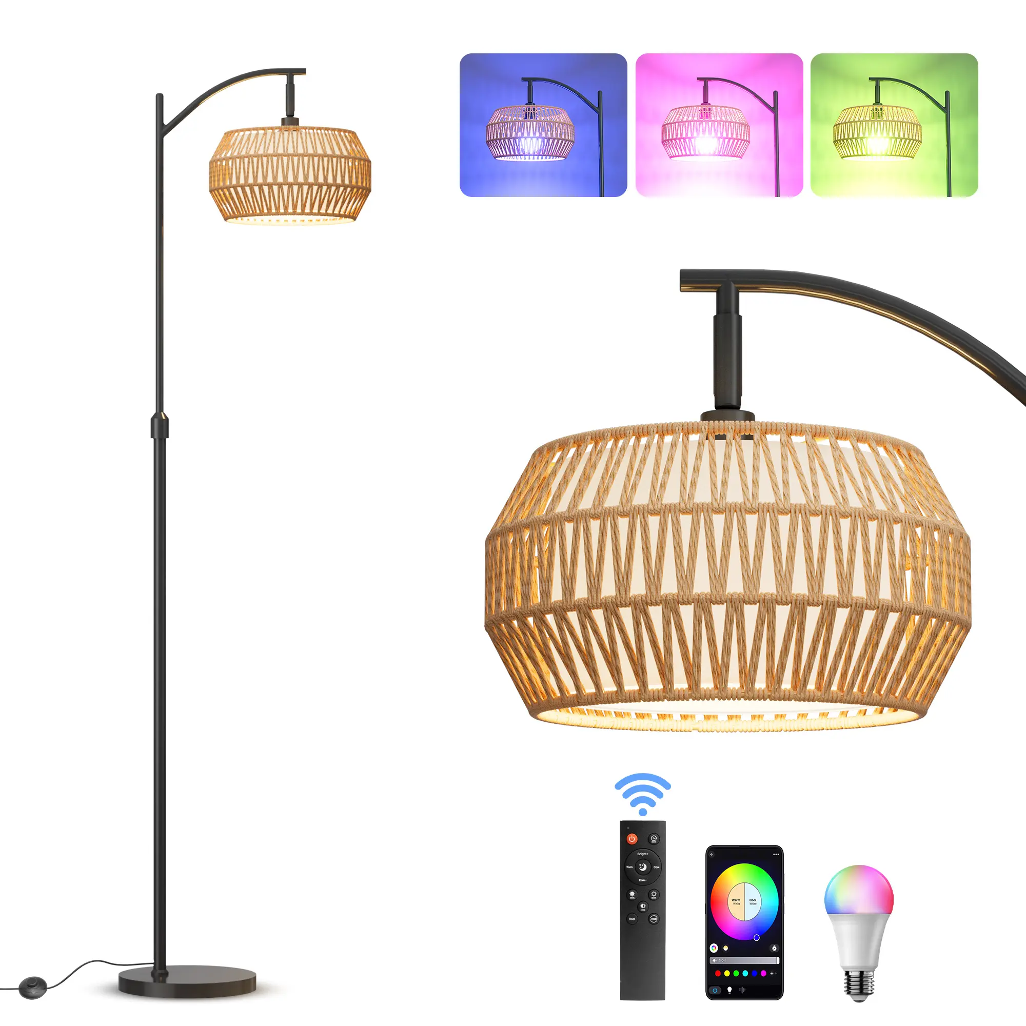 DEMILARE Bohemia Floor Light, Rattan Arc Adjustable LEDs Floor Lamp with ft Switch & Remote Control, Tri-Color Temp & Lighting Modes Adjustable, Dimmable RGB Multicolored Light, Home Decor for Living Room Office, Rgb Light,SummerFinds,Summer Turn Up