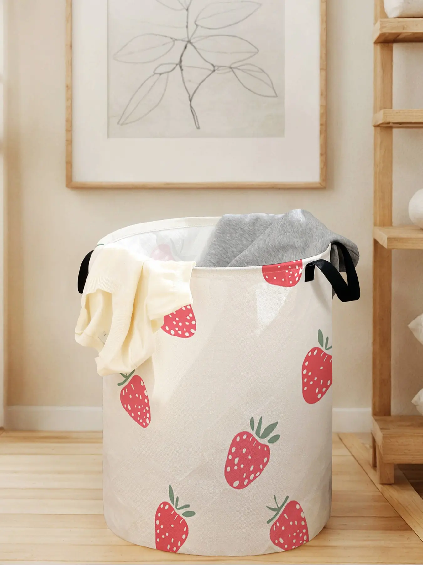Strawberry Print Laundry Basket with Handle, Durable Foldable Clothes Storage Bin, Large Capacity Toy Organizer for All Seasons