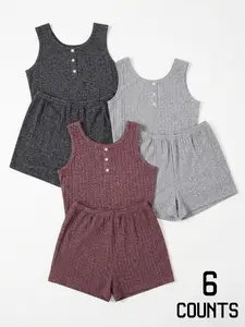 Women's 6-Pack Ribbed Fitted Henley Short Sleeve Tank Top & Drawstring Shorts Loungewear Pajama Set | #LoungewearSet #RibbedSet #6PackSet