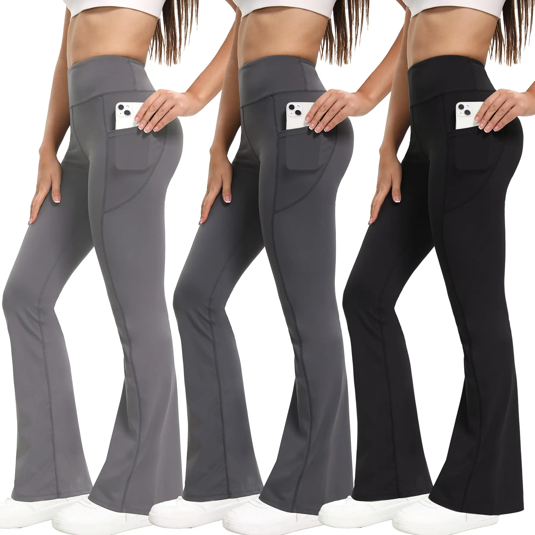 Women's Fitness Yoga Training Pants, 3-Pack High Waist Butt Lifting Flared Spandex Pants with Pockets, Fitness Yoga Pants,travel essentials,camping essentials