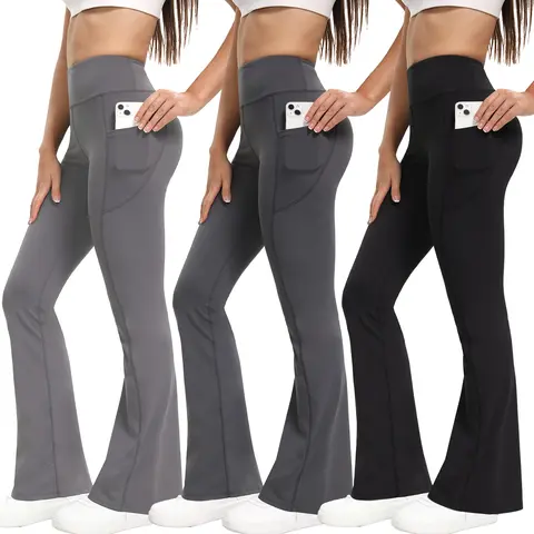 Women's 3-Pack High-Waist Butt-Lifting Flared Spandex Yoga Pants with Pockets - Women's Clothes, Tummy Control Athleisure & Casual Sports Bottoms for Fitness, Travel