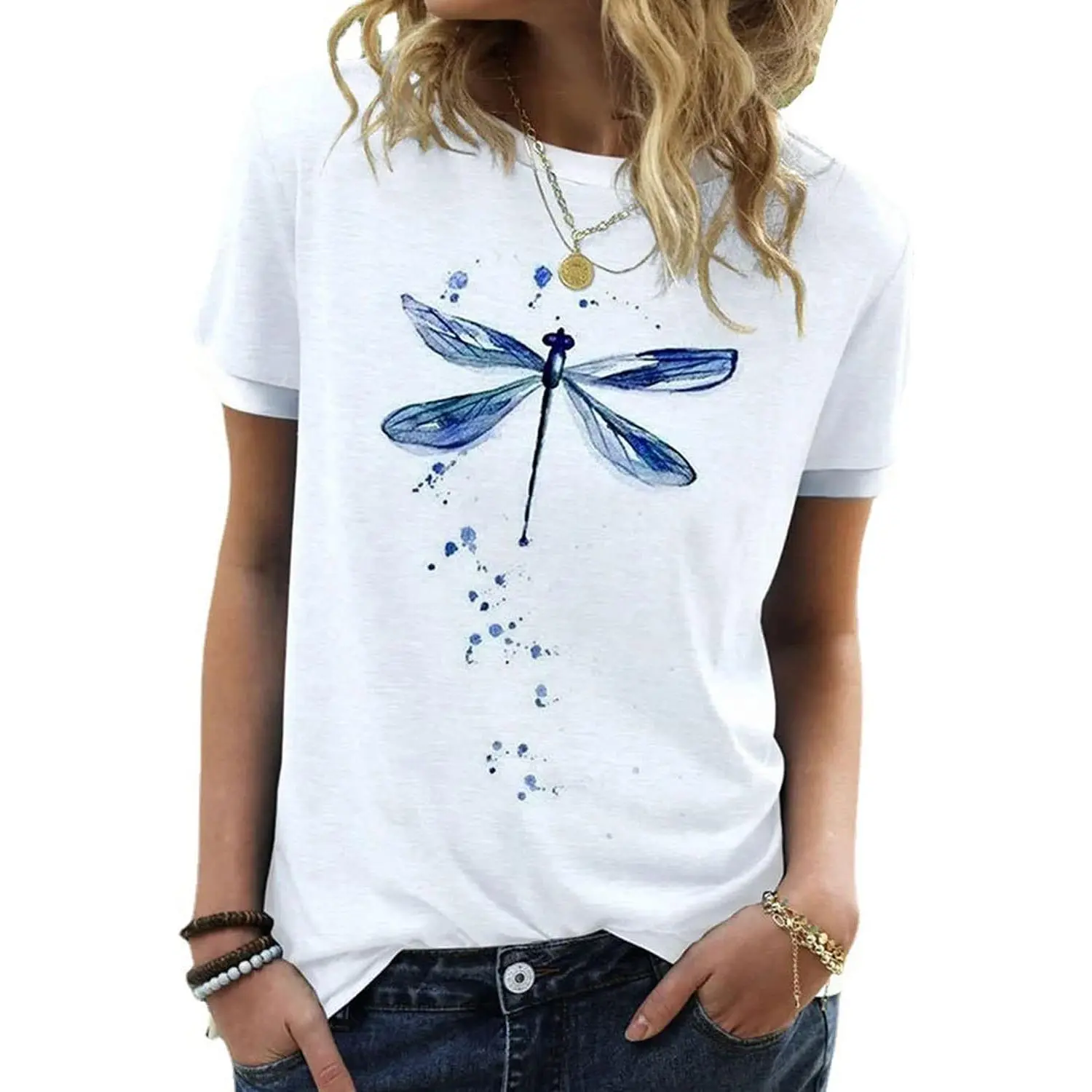 Women's Casual Graphic Round Neck Tee with Dragonfly Print, 100% Cotton Lightweight Shortsleeve Streetwear for Summer Party, Neck Top, Soft, Breathable, Comfortable, Outdoor, Fabric, Cute, Short Sleeves, Chic, Fading Resistant, Do Not Iron, Printed, Casua
