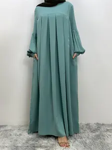 Women's Solid Lantern Sleeve Arabian Dress Without Hijab, Casual Long Sleeve Pleated Dress, Ladies Spring & Fall Clothes For Daily Wear, Summer Outfits 2024, Muslim Women Gowns